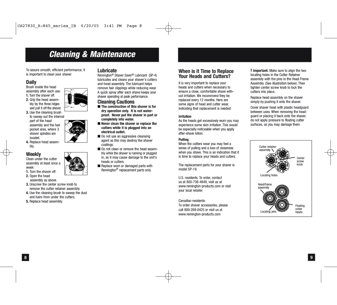 Remington 400, R-843 manual Cleaning & Maintenance, Daily, Weekly, Lubricate, Cleaning Cautions 