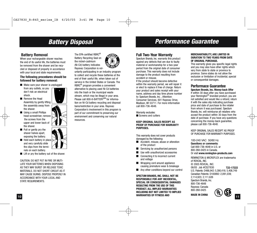 Remington R-843 Battery Disposal, Performance Guarantee, Battery Removal, Full Two-Year Warranty, Performace Guarantee 