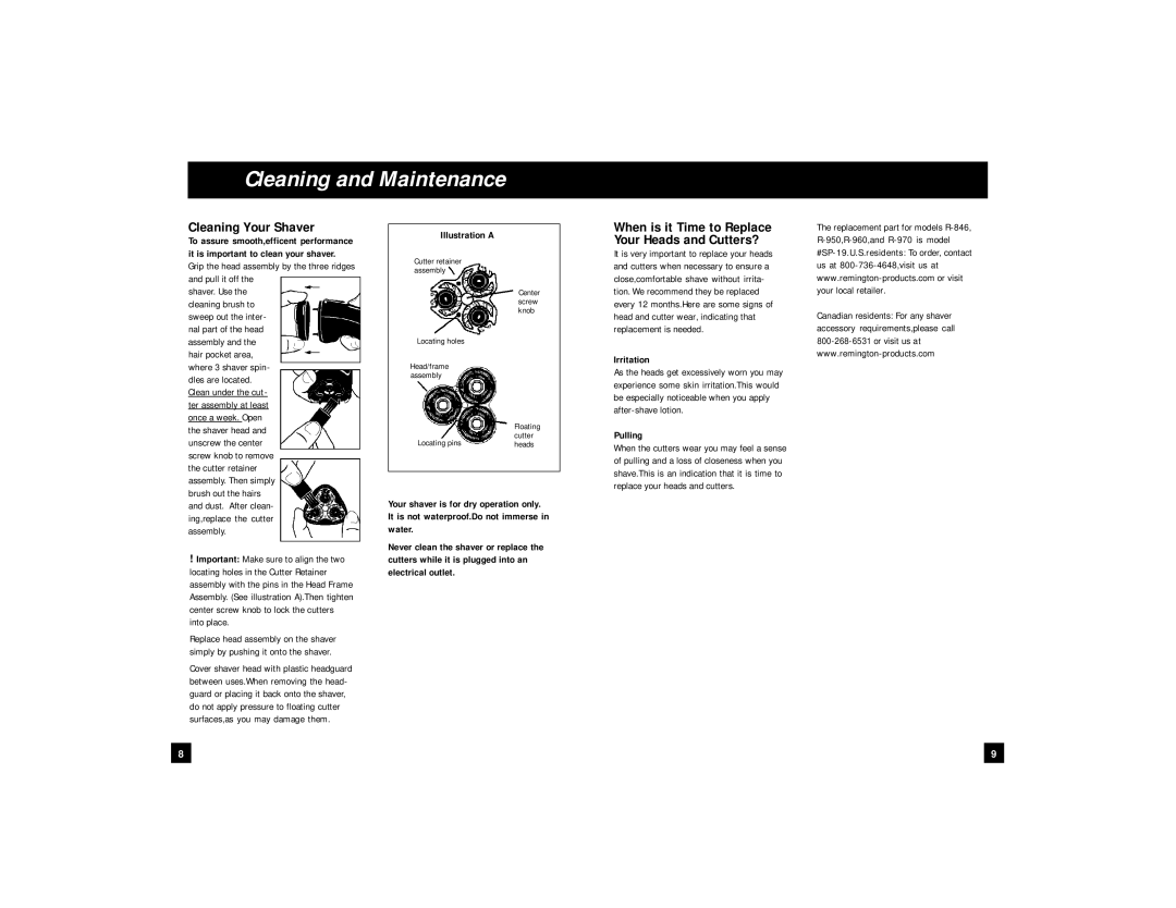 Remington R-970, R-846 Cleaning and Maintenance, Cleaning Your Shaver, When is it Time to Replace Your Heads and Cutters? 