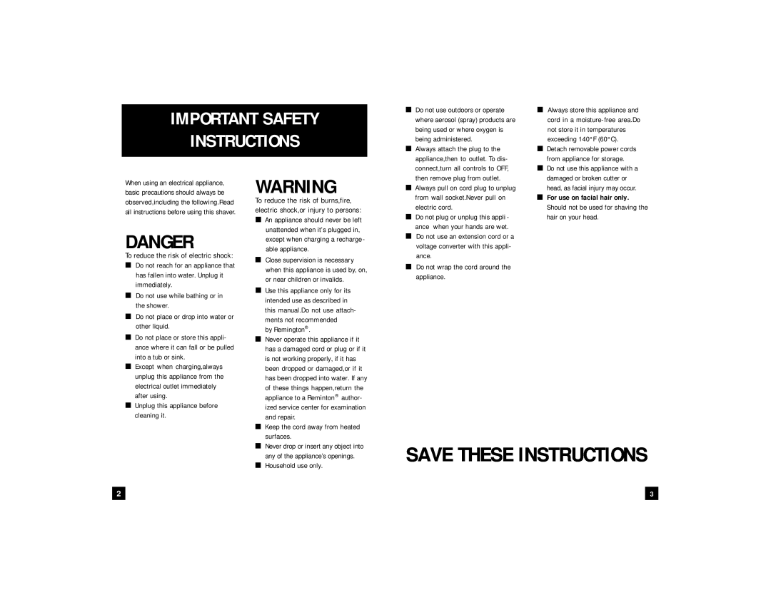 Remington R-960, R-846, R-970, R-950 manual Save These Instructions, Danger, Important Safety Instructions 