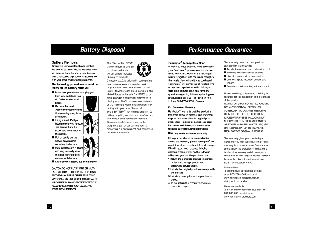 Remington R-960, R-846, R-970, R-950 Battery Disposal, Performance Guarantee, Battery Removal, followed for battery removal 