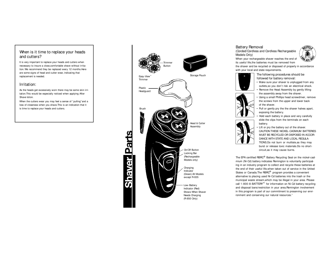 Remington R-850 important safety instructions When is it time to replace your heads and cutters?, Irritation 