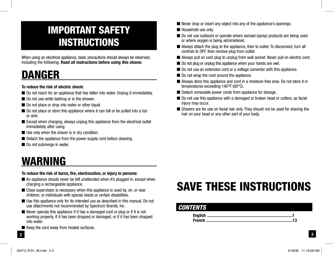 Remington R-91 manual Important Safety Instructions 