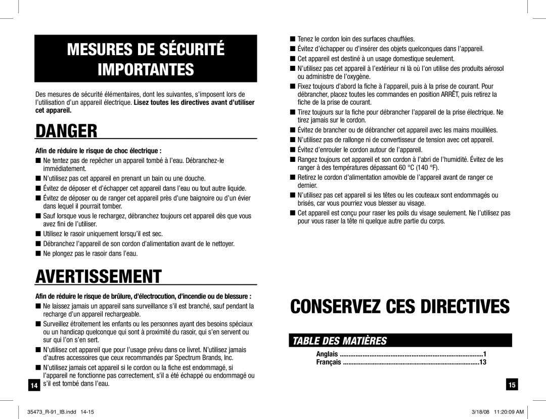 Remington R-91 manual Mesures DE Sécurité Importantes, Afin de réduire le risque de choc électrique 