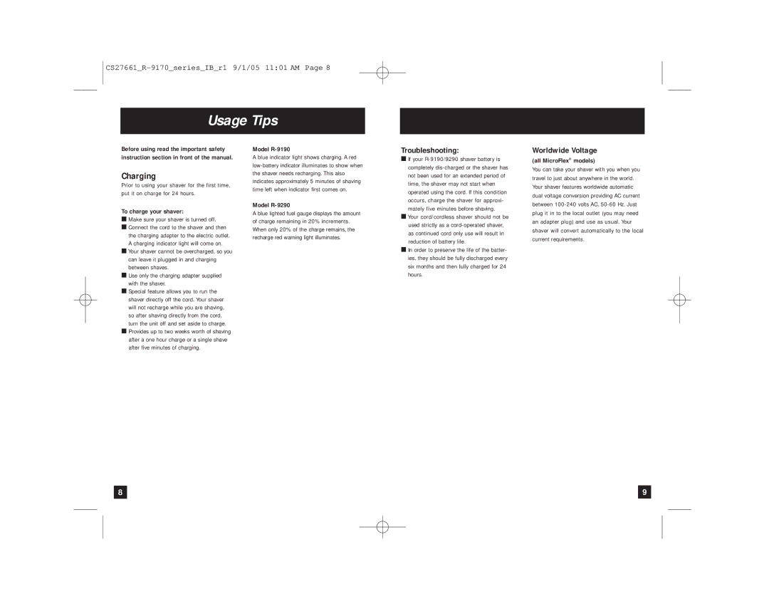 Remington R-9170, R-9190, R-9290 manual Usage Tips, Charging, Troubleshooting, Worldwide Voltage 