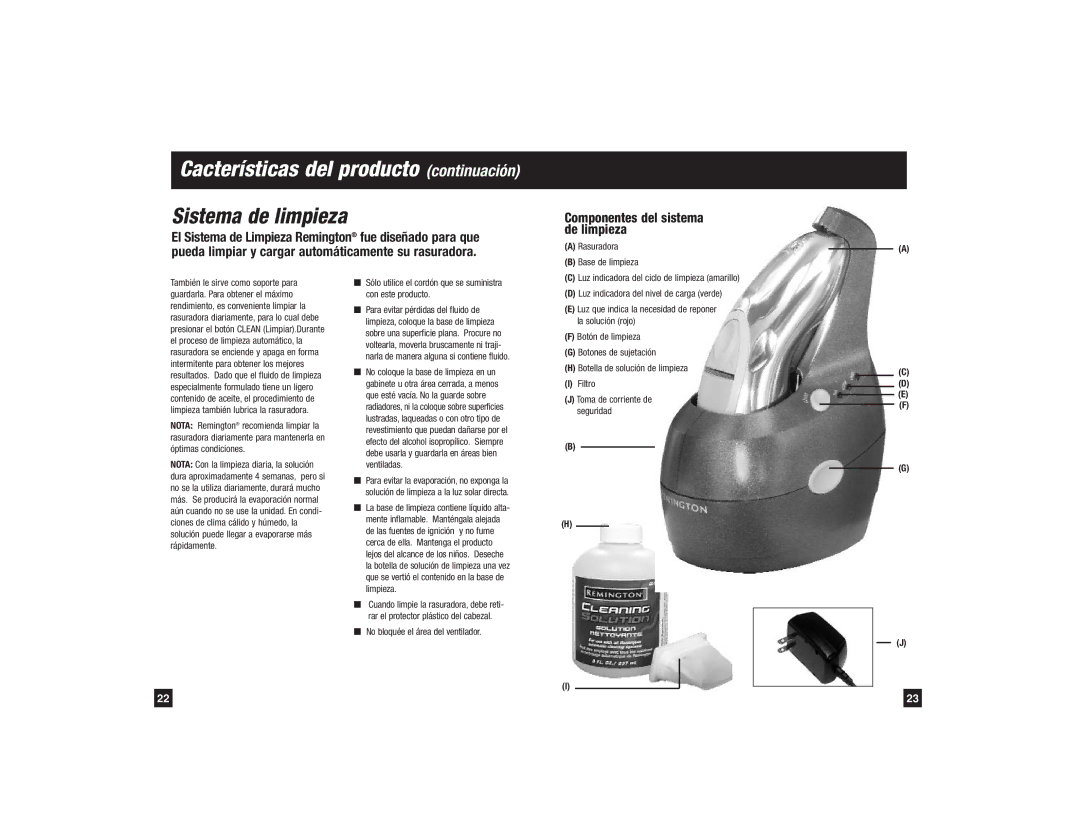 Remington R-9500 manual Cacterísticas del producto continuación, Componentes del sistema de limpieza, Rasuradora 