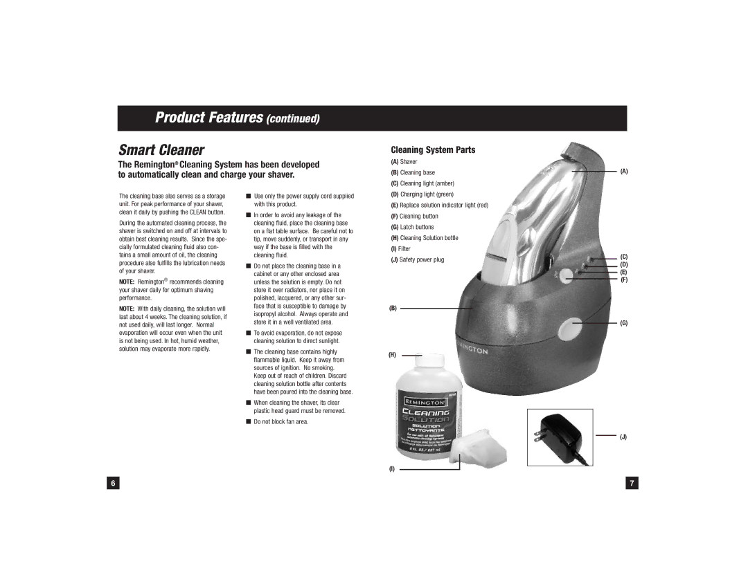 Remington R-9500 manual Cleaning System Parts 