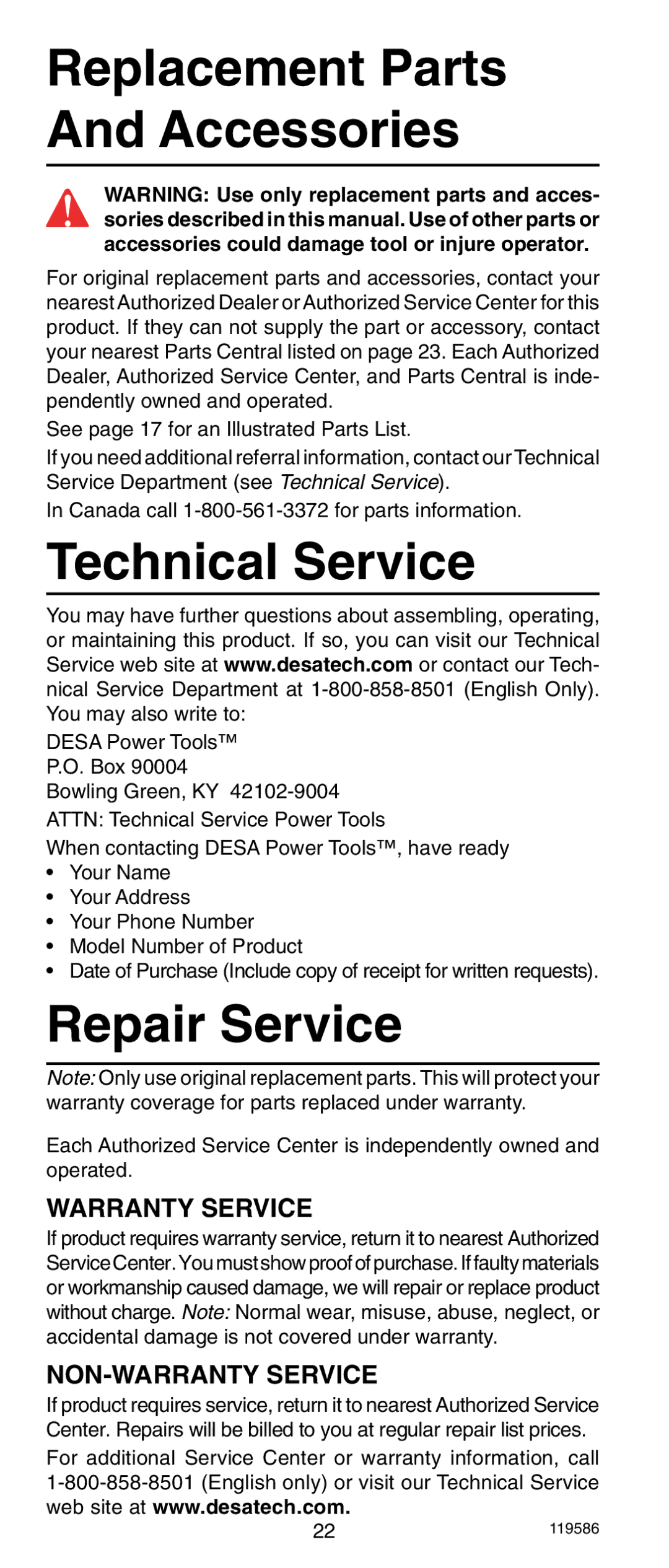 Remington r300 operating instructions Technical Service, Repair Service 