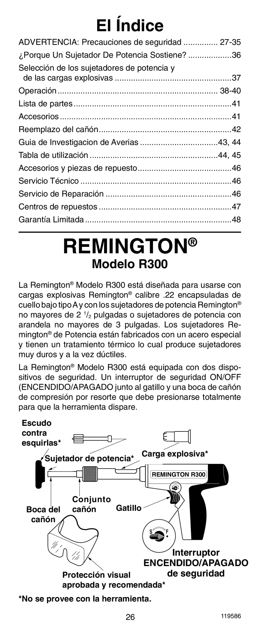 Remington r300 operating instructions El índice, Conjunto Gatillo Boca del cañón Cañón 