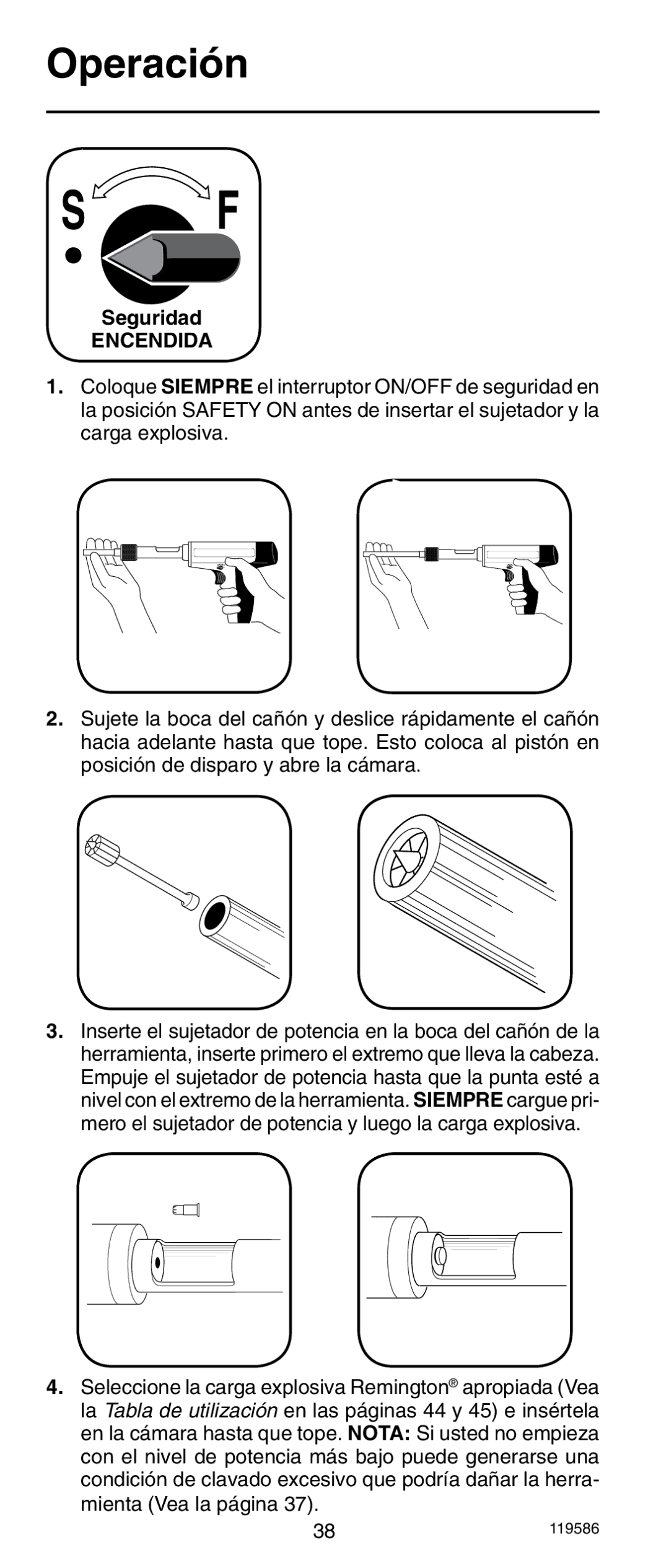 Remington r300 operating instructions Operación, Seguridad, Encendida 