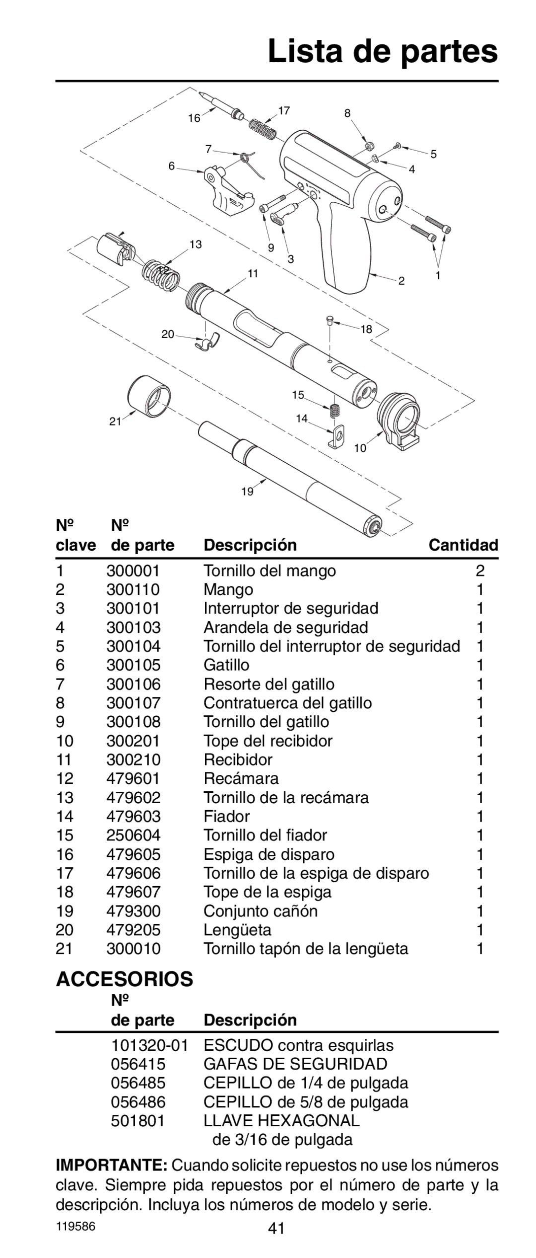 Remington r300 operating instructions Lista de partes, Accesorios, Clave De parte Descripción 