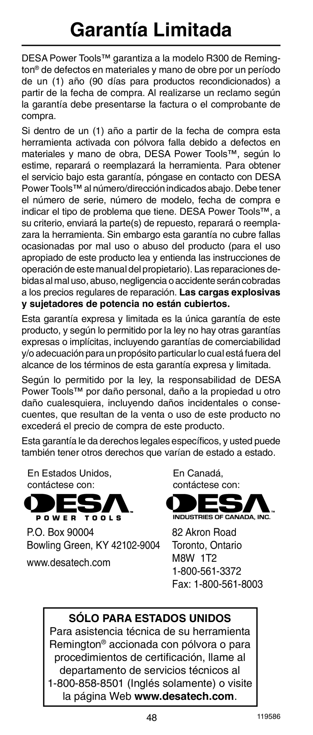 Remington r300 operating instructions Garantía Limitada 