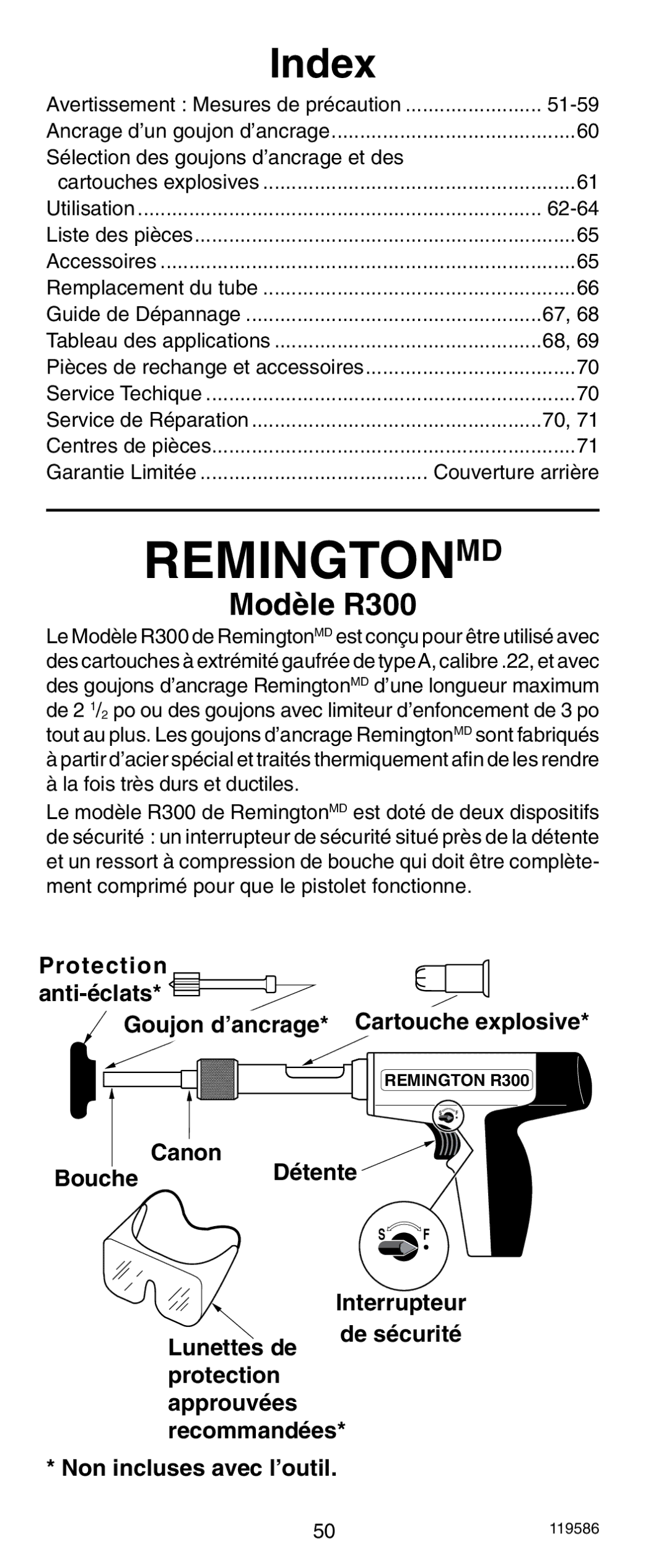 Remington r300 operating instructions Index, De sécurité 