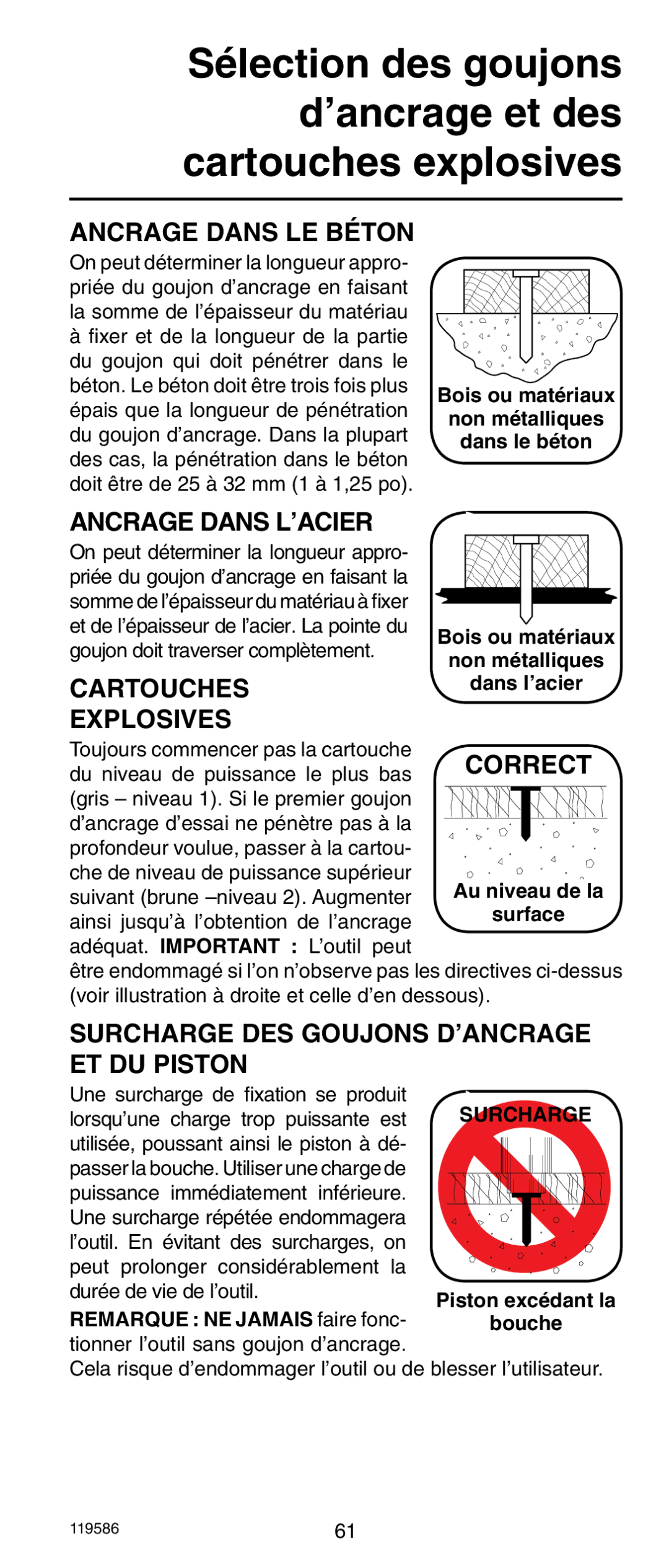 Remington r300 operating instructions Ancrage Dans LE Béton, Ancrage Dans L’ACIER, Cartouches Explosives, Surcharge 