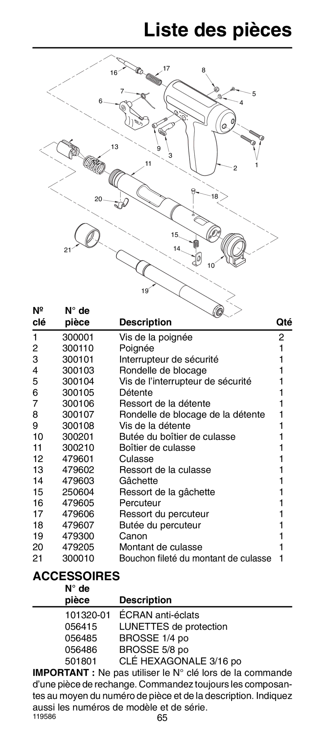 Remington r300 operating instructions Liste des pièces, Accessoires, Clé Pièce Description Qté 