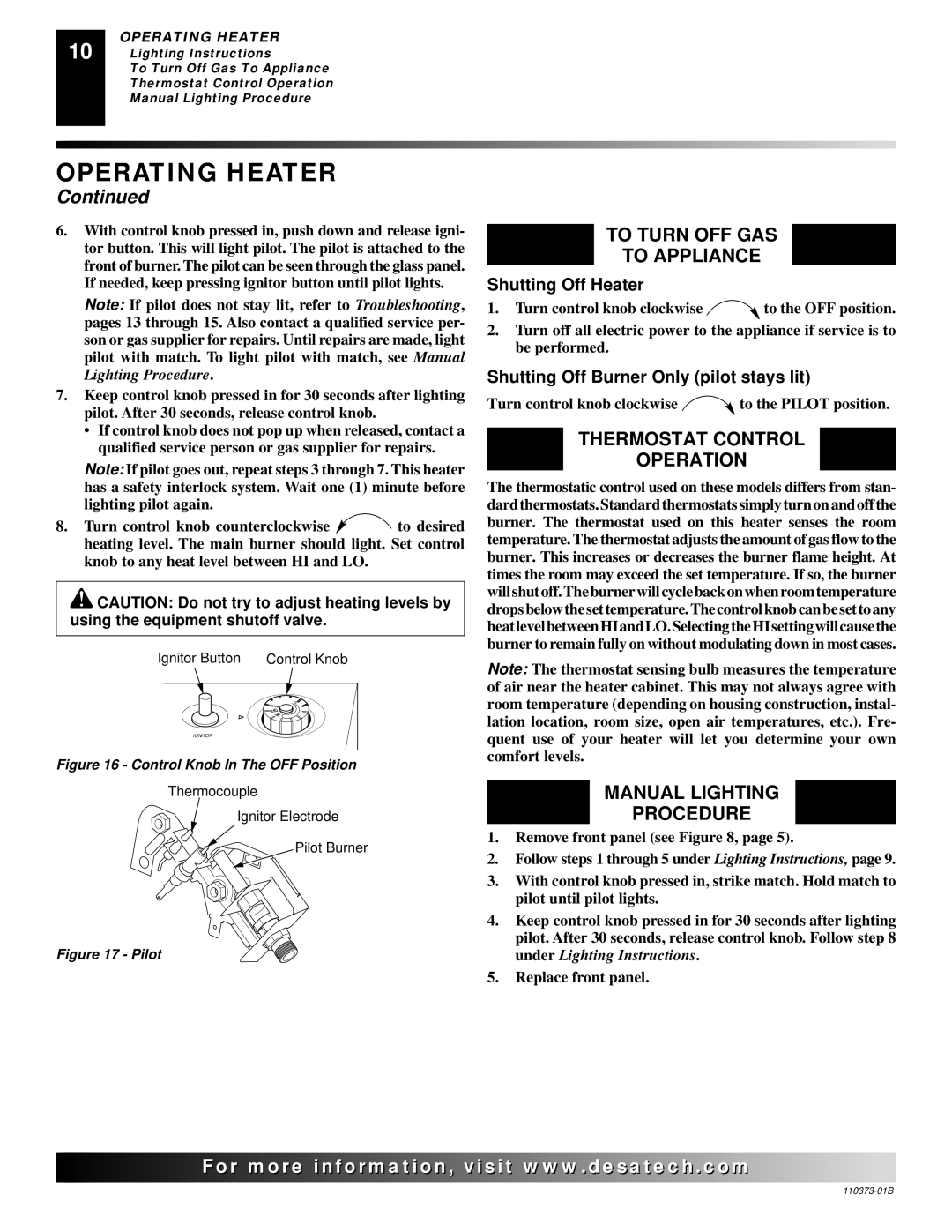 Remington REM10PT installation manual To Turn OFF GAS To Appliance, Thermostat Control Operation, Manual Lighting Procedure 