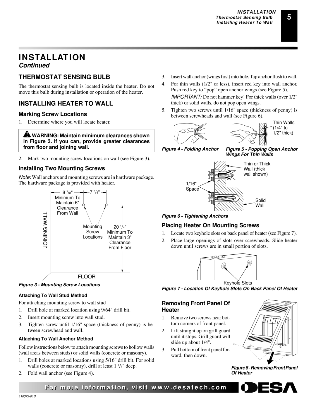 Remington REM10PT installation manual Thermostat Sensing Bulb, Installing Heater to Wall 