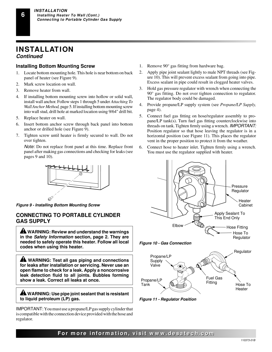 Remington REM10PT installation manual Connecting to Portable Cylinder GAS Supply, Installing Bottom Mounting Screw 