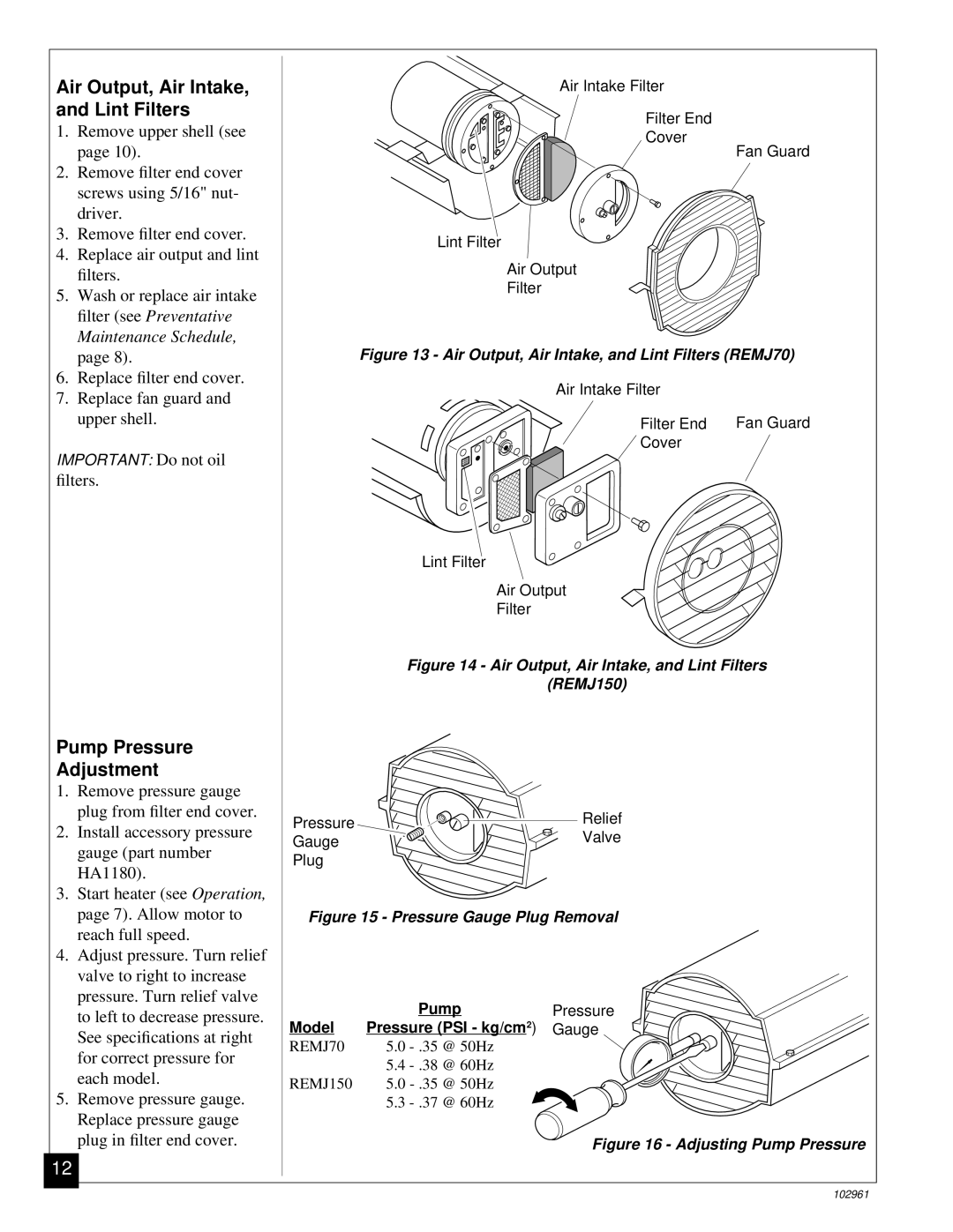 Remington REMJ150, REMJ70 owner manual Air Output, Air Intake, and Lint Filters, Pump Pressure Adjustment 