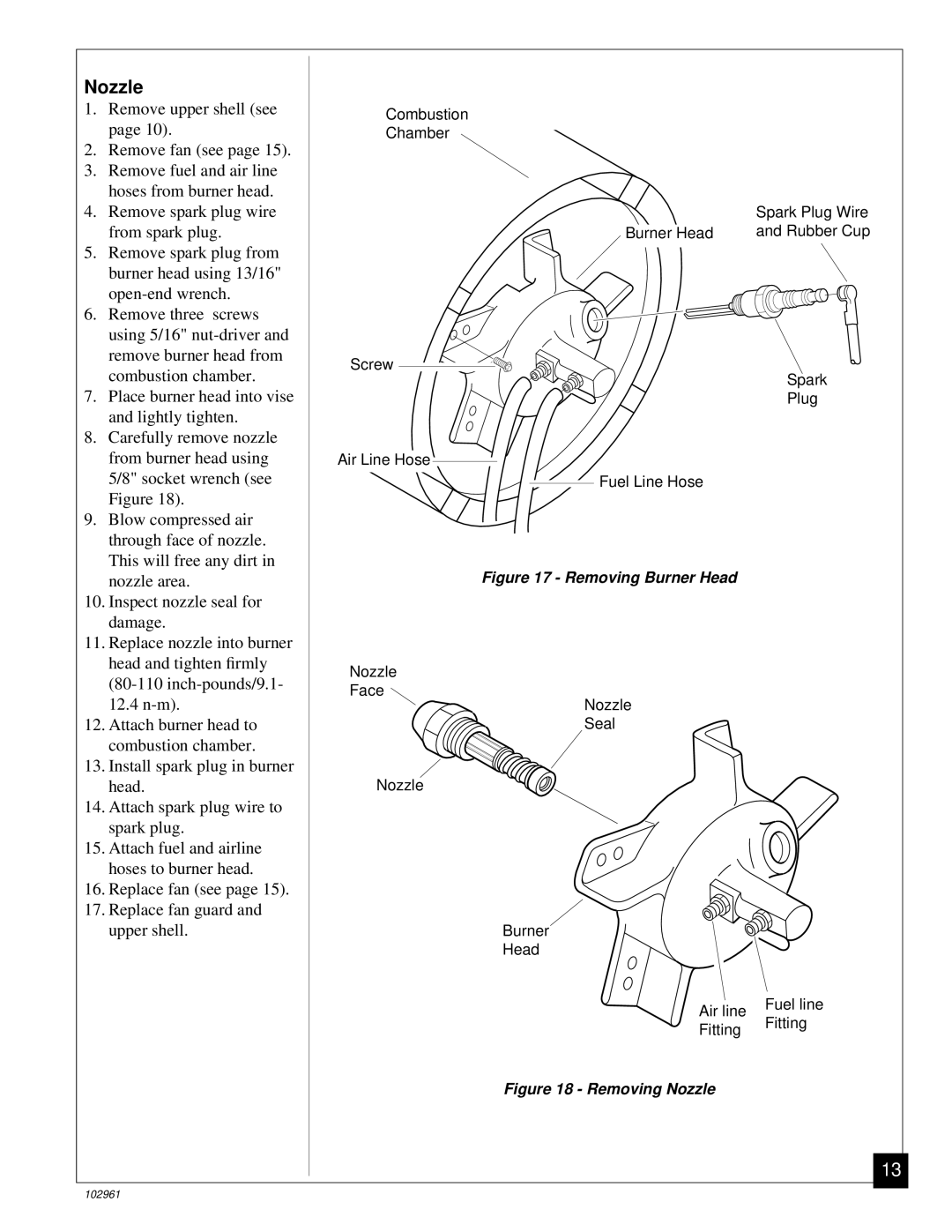 Remington REMJ70, REMJ150 owner manual Nozzle, Removing Burner Head 