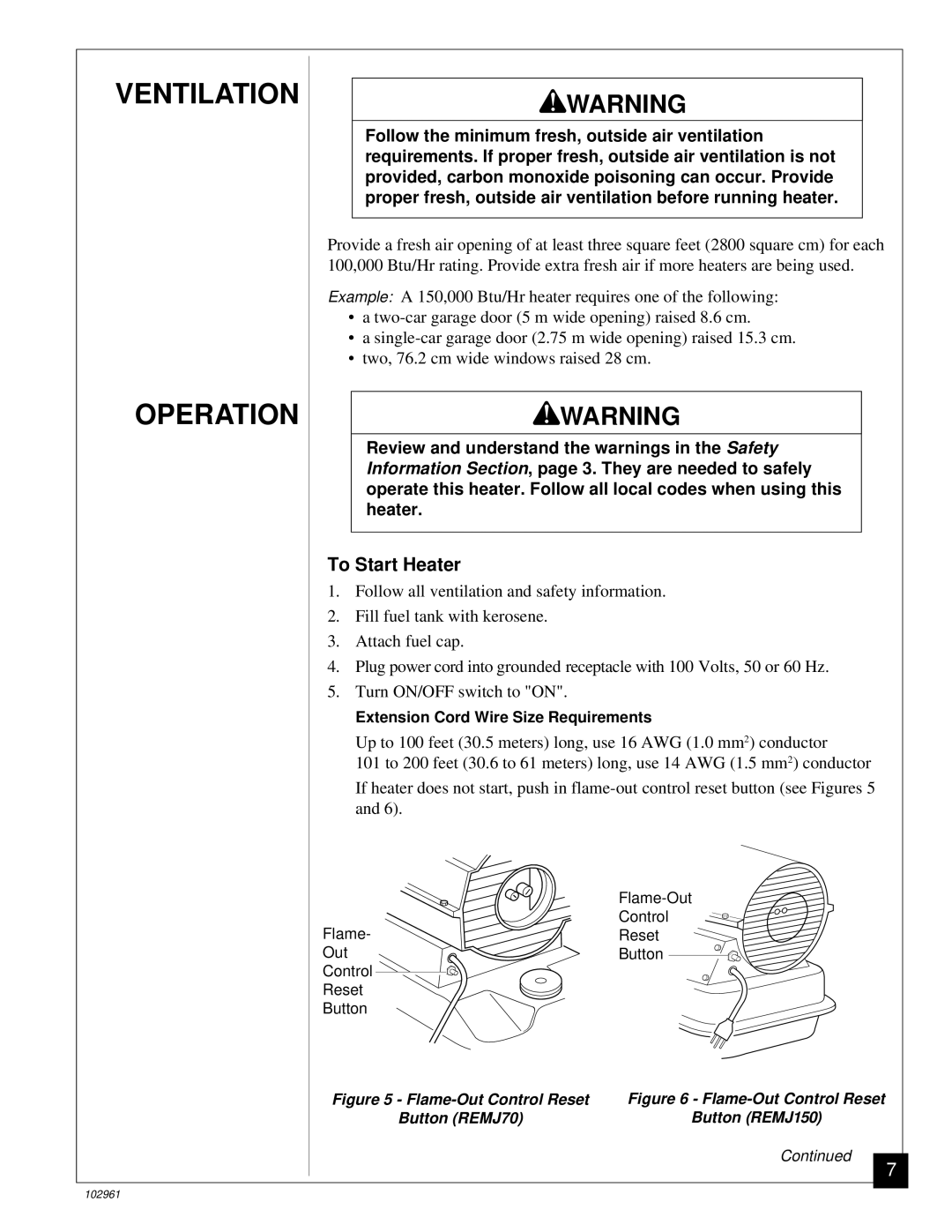 Remington REMJ70, REMJ150 owner manual Ventilation Operation, To Start Heater 