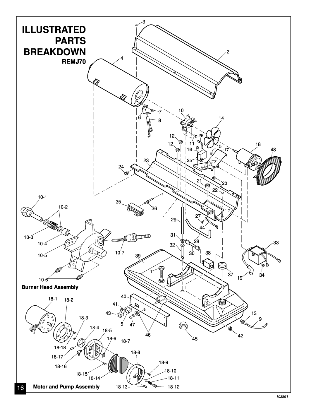 Remington REMJ150 owner manual Illustrated, Parts, Breakdown, REMJ70, Burner Head Assembly, Motor and Pump Assembly 