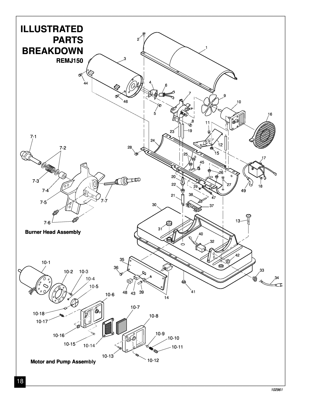 Remington REMJ150, REMJ70 owner manual Illustrated, Parts, Breakdown, Burner Head Assembly, Motor and Pump Assembly 