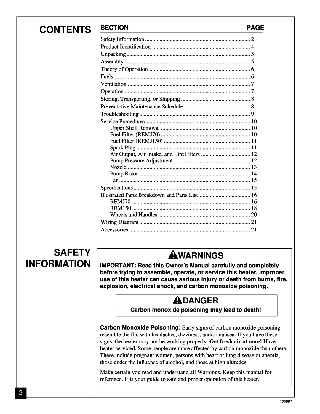 Remington REMJ150, REMJ70 owner manual Contents, Safety Information, Warnings, Danger, Section, Page 