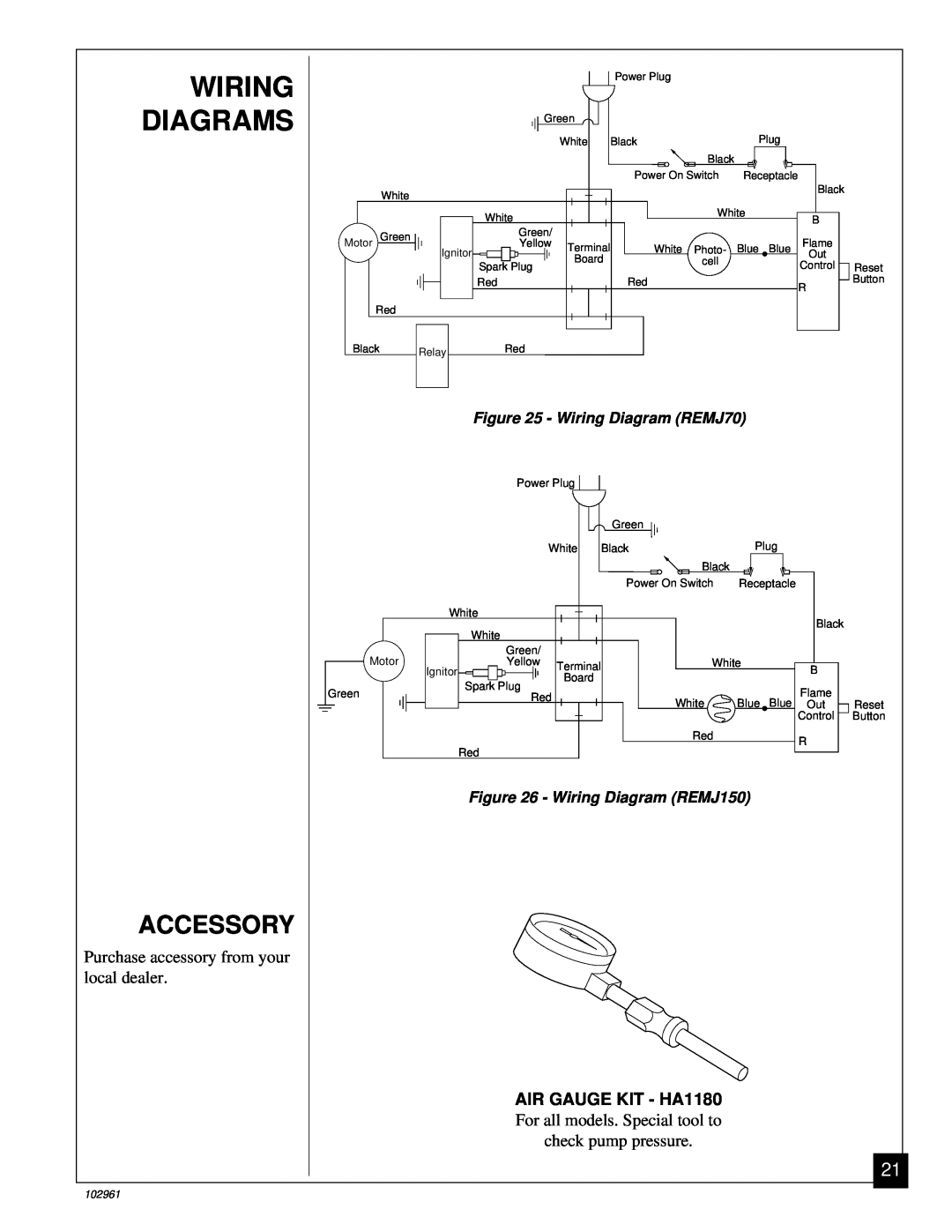 Remington owner manual Diagrams, Accessory, AIR GAUGE KIT - HA1180, Wiring Diagram REMJ70, Wiring Diagram REMJ150 