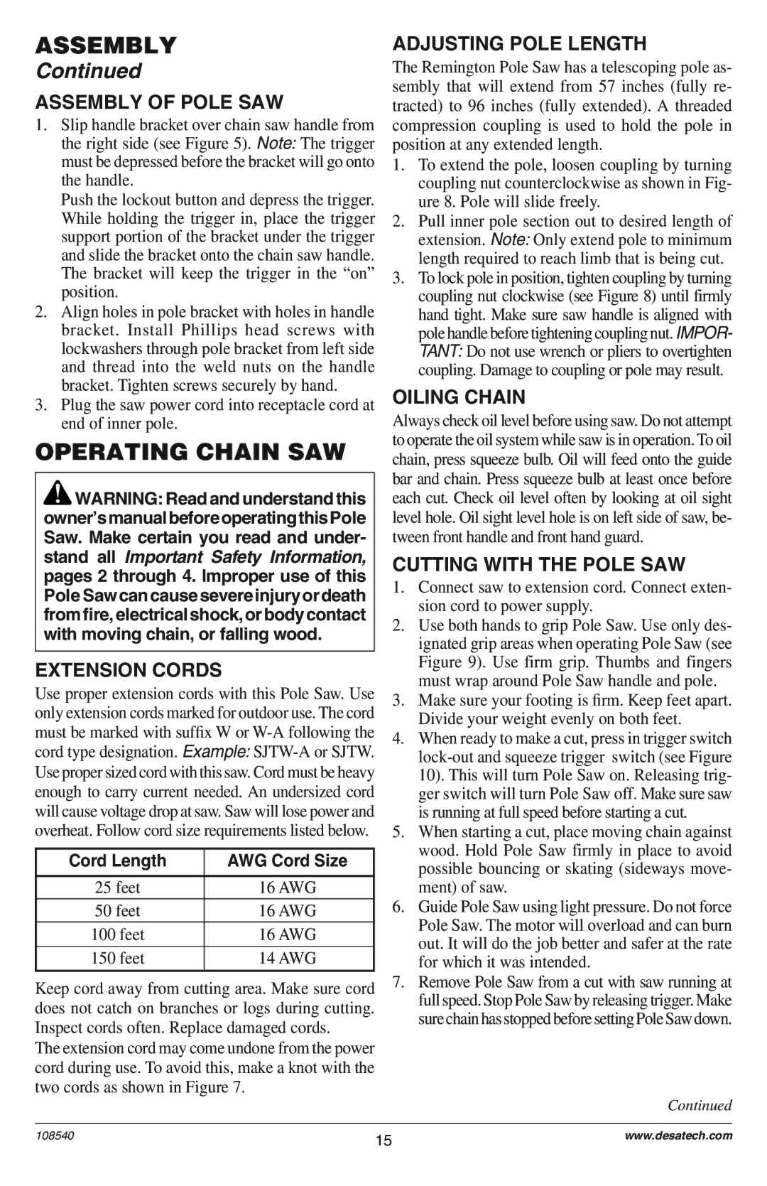 Remington 106821, RPS 96: 104317 owner manual Operating Chain SAW 