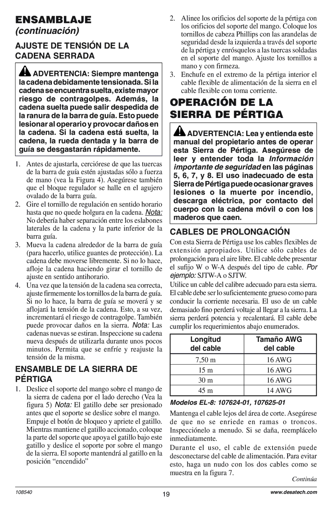 Remington 106821 OPERACIîN DE LA Sierra DE PƒRTIGA, Ajuste DE TENSIîN DE LA Cadena Serrada, Cables DE PROLONGACIîN 