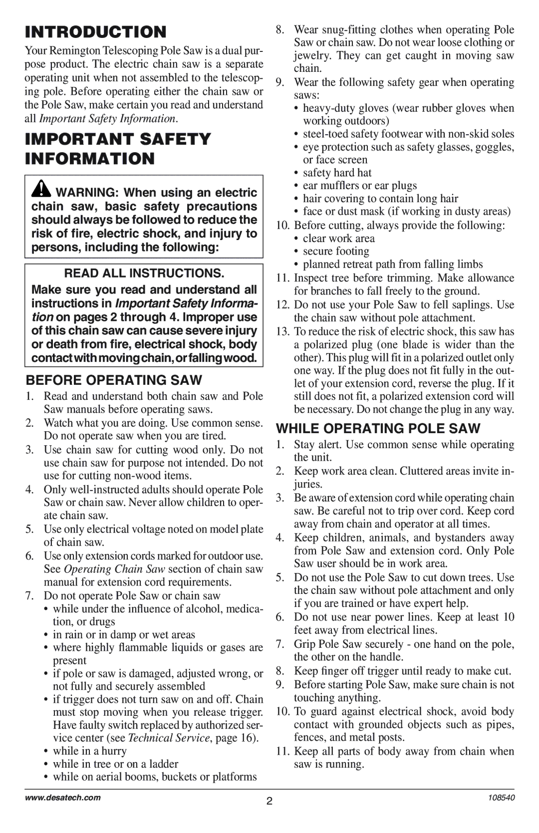 Remington RPS 96: 104317 Introduction, Important Safety Information, Before Operating SAW, While Operating Pole SAW 