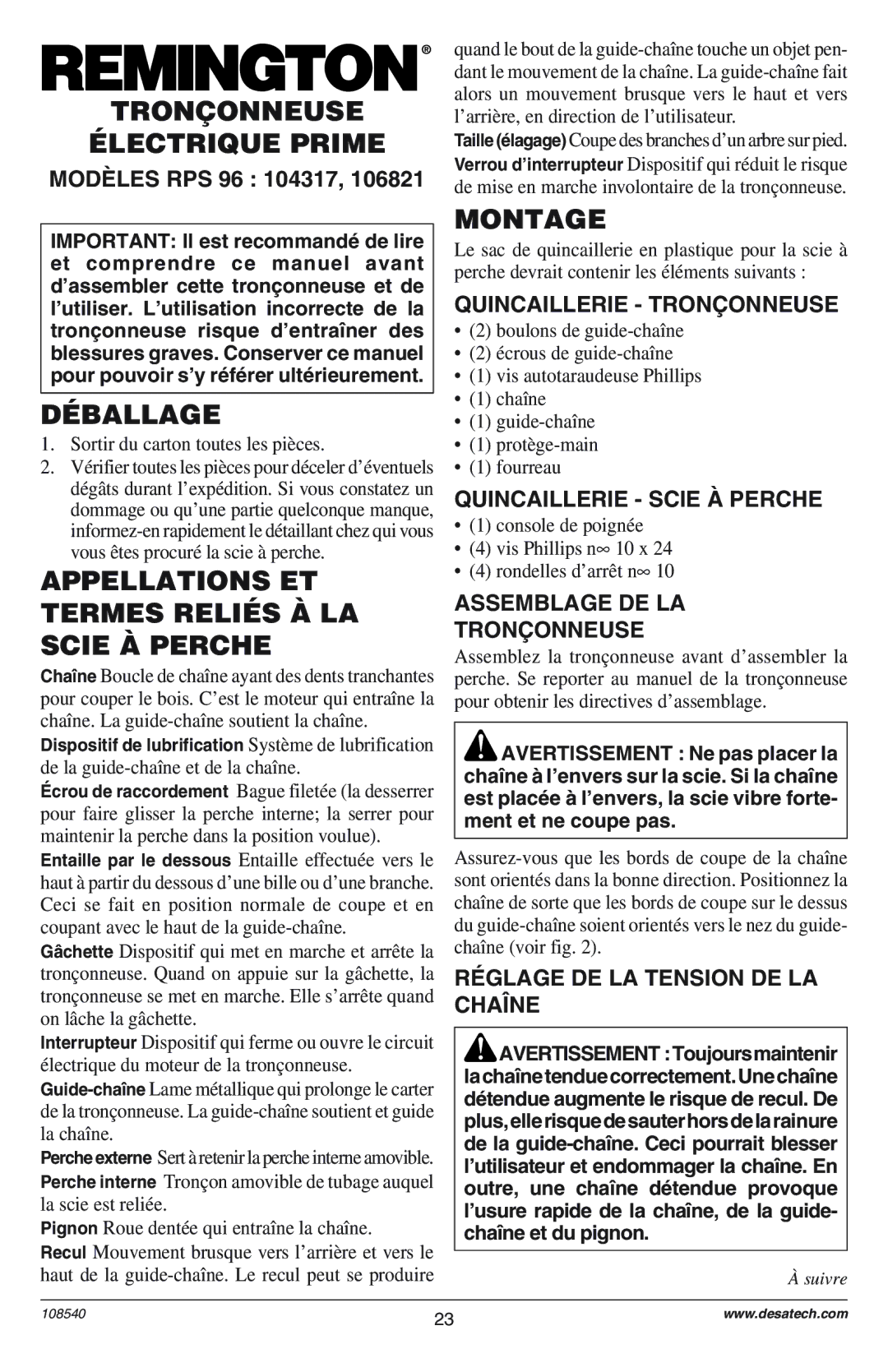 Remington 106821 Tron‚Onneuse, ƑLECTRIQUE Prime, DƒBALLAGE, Appellations ET Termes RELIƒS Ë LA Scie Ë Perche, Montage 