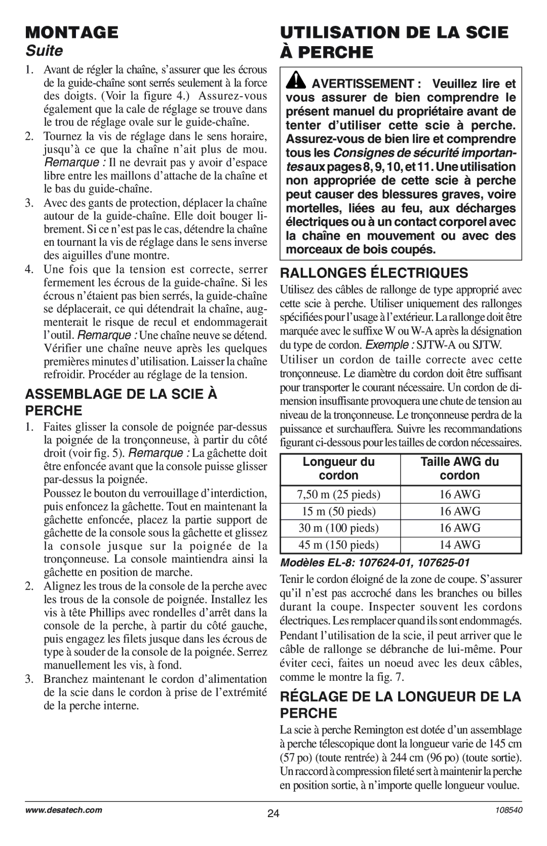 Remington RPS 96: 104317, 106821 Utilisation DE LA Scie Ë Perche, Assemblage DE LA Scie Ë Perche, Rallonges ƒLECTRIQUES 