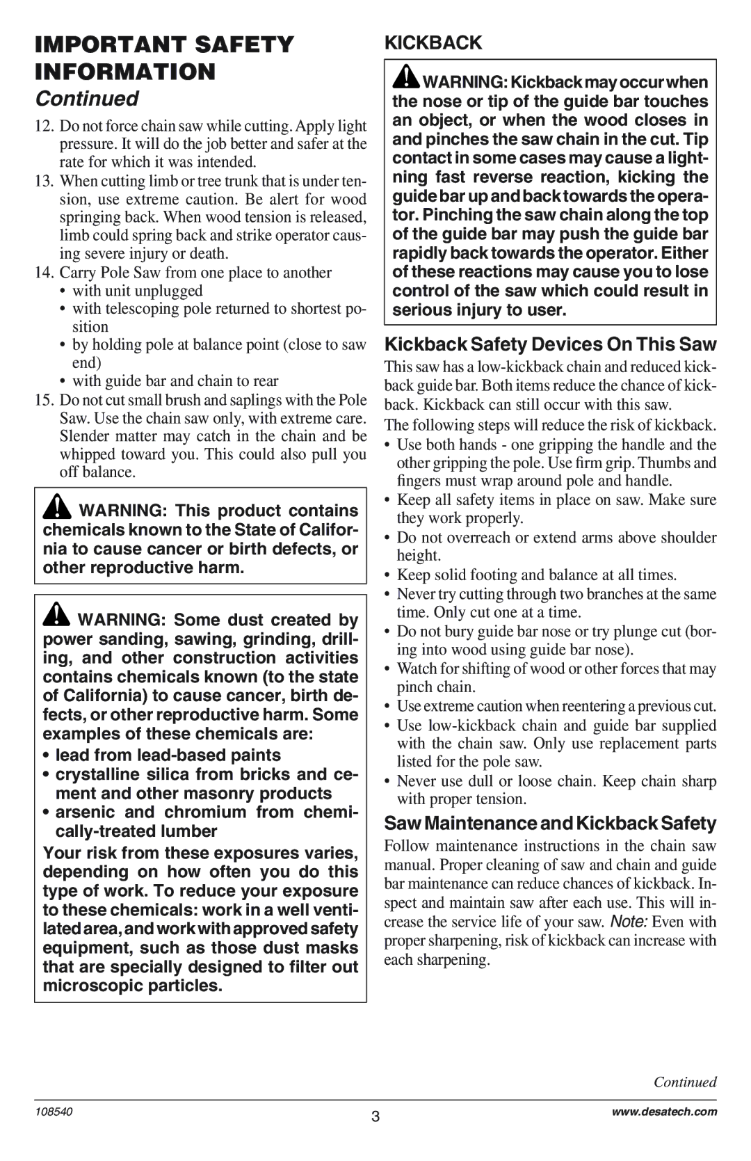 Remington 106821, RPS 96: 104317 owner manual Kickback Safety Devices On This Saw, Saw Maintenance and Kickback Safety 