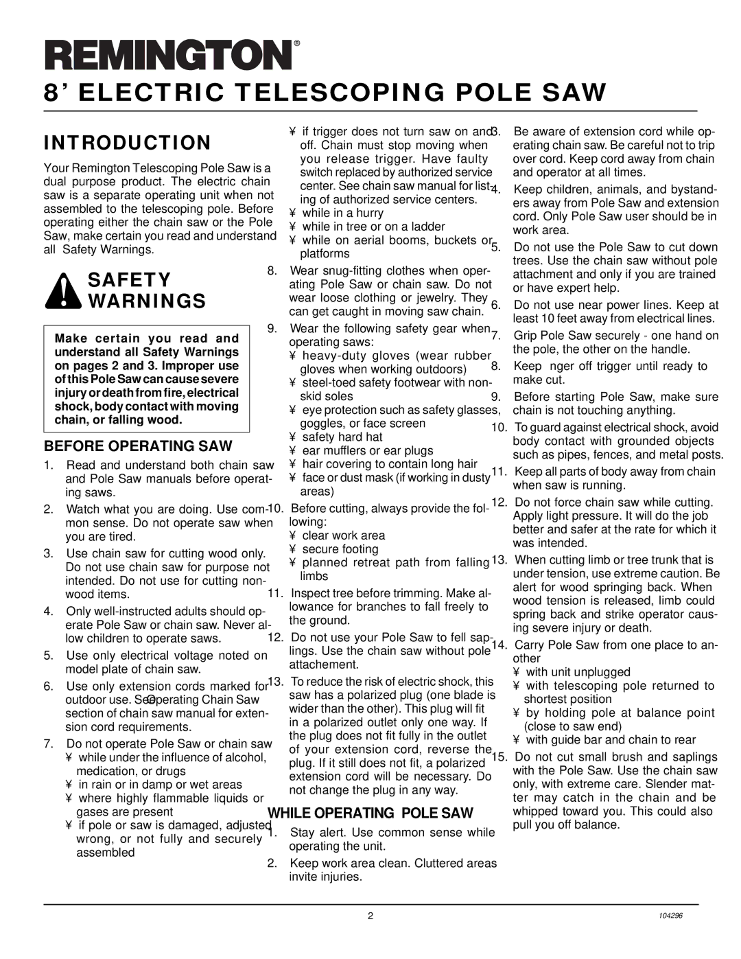 Remington RPS 96 owner manual Introduction, Safety, Before Operating SAW, While Operating Pole SAW 