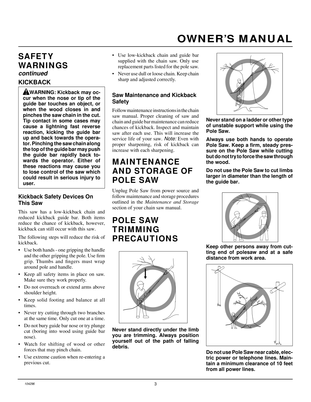 Remington RPS 96 owner manual Maintenance and Storage of Pole SAW, Pole SAW Trimming Precautions, Kickback 