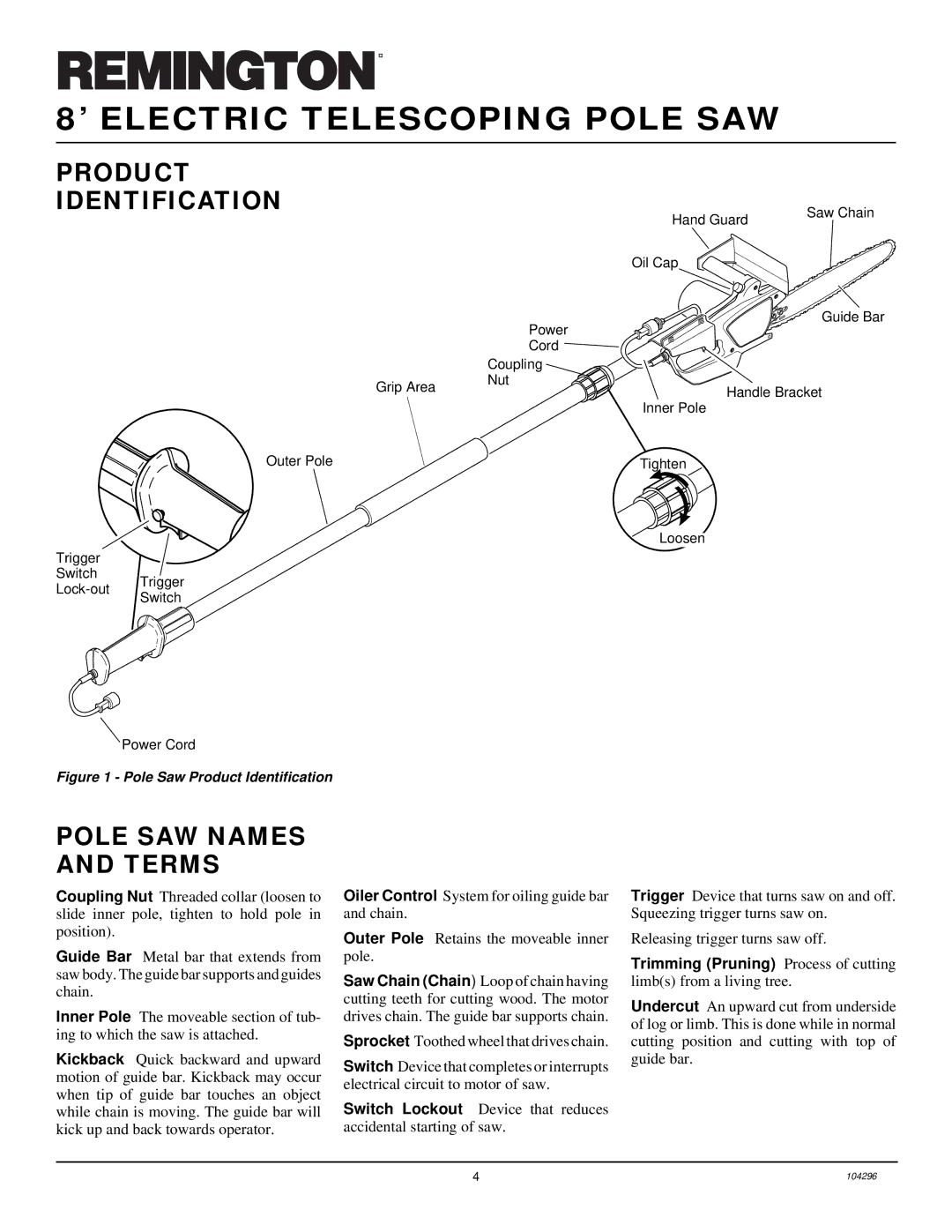 Remington RPS 96 owner manual Product Identification, Pole SAW Names and Terms 