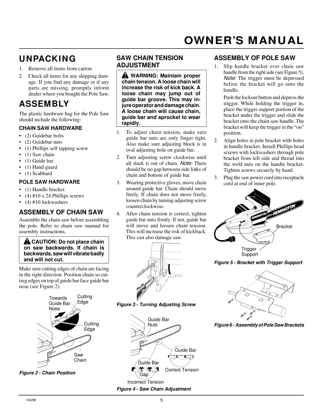 Remington RPS 96 owner manual Unpacking, Assembly of Chain SAW, SAW Chain Tension Adjustment, Assembly of Pole SAW 