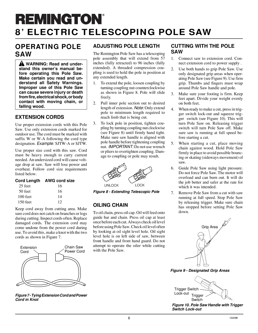 Remington RPS 96 Operating Pole SAW, Extension Cords, Adjusting Pole Length, Oiling Chain, Cutting with the Pole SAW 