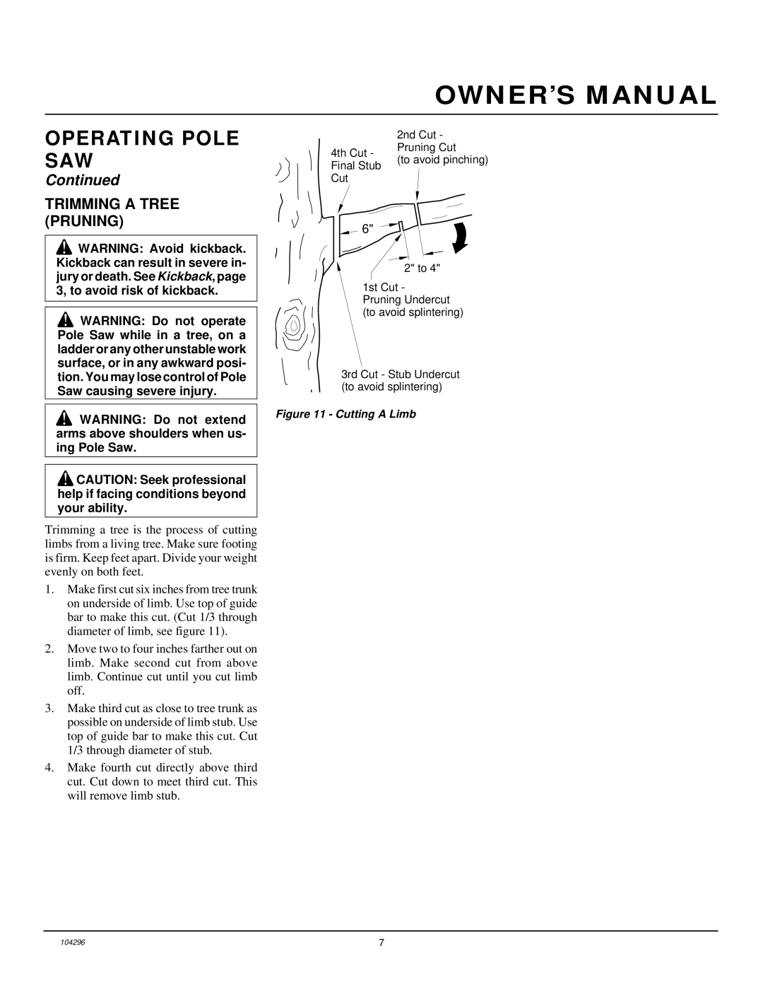 Remington RPS 96 owner manual Trimming a Tree Pruning, Cutting a Limb 