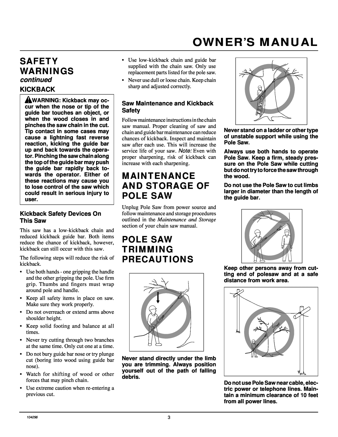 Remington RPS 96 Owner’S Manual, Maintenance And Storage Of Pole Saw, Pole Saw Trimming Precautions, continued, Kickback 