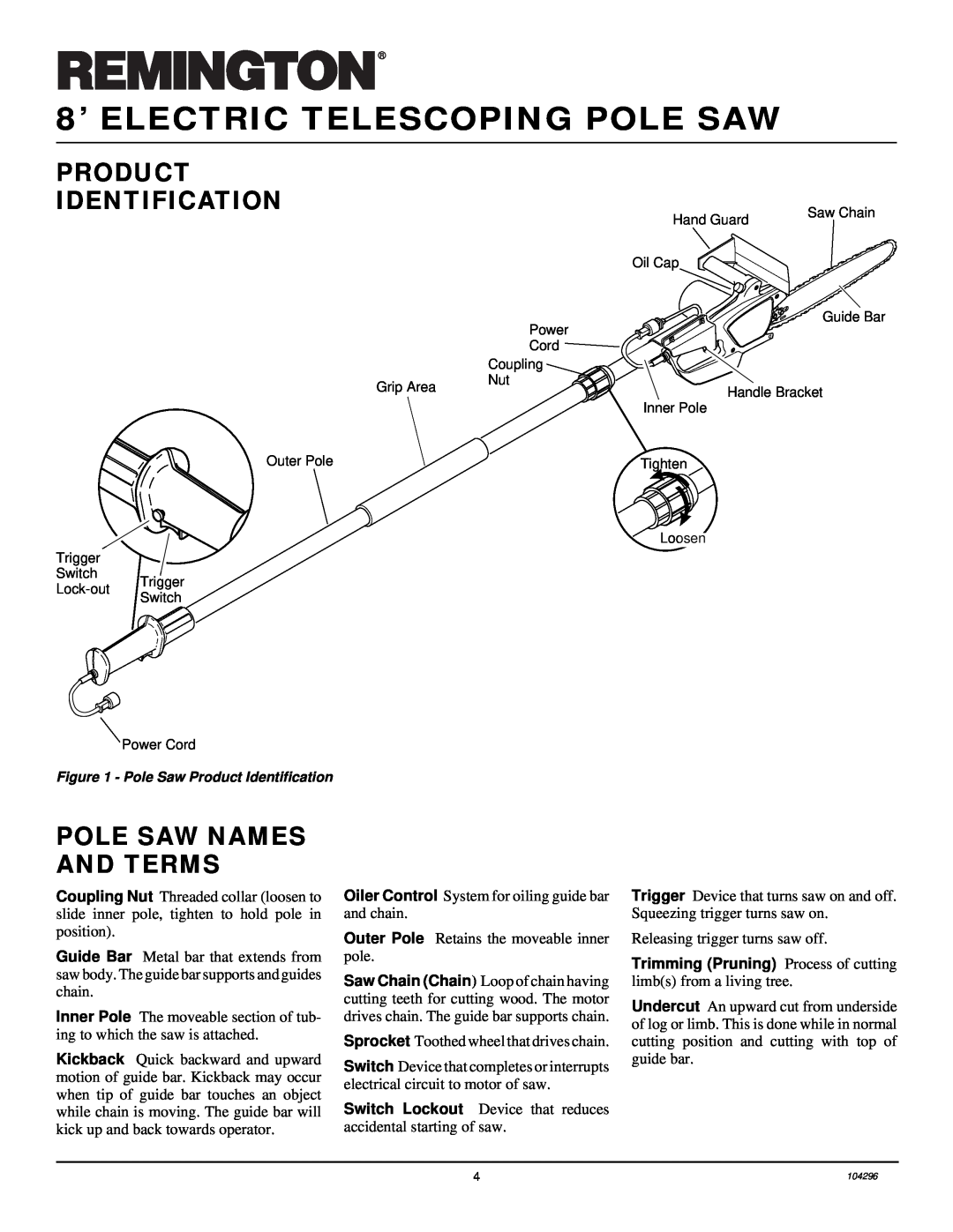 Remington RPS 96 owner manual Product, Identification, Pole Saw Names And Terms, 8’ ELECTRIC TELESCOPING POLE SAW 