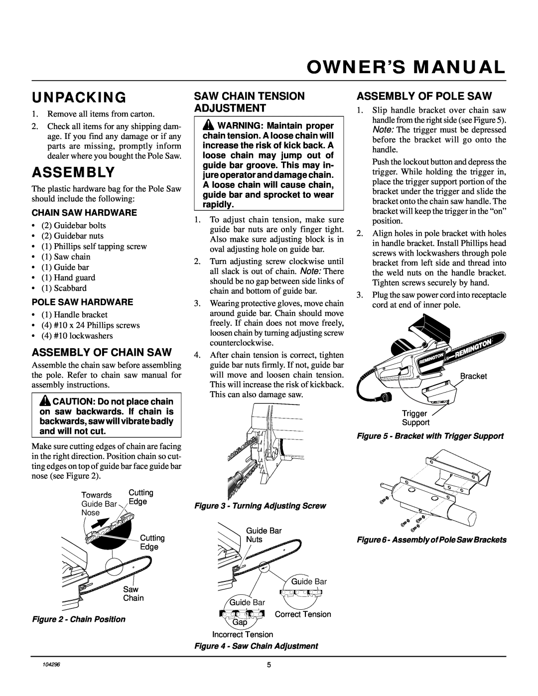Remington RPS 96 owner manual Unpacking, Assembly Of Chain Saw, Saw Chain Tension Adjustment, Assembly Of Pole Saw 