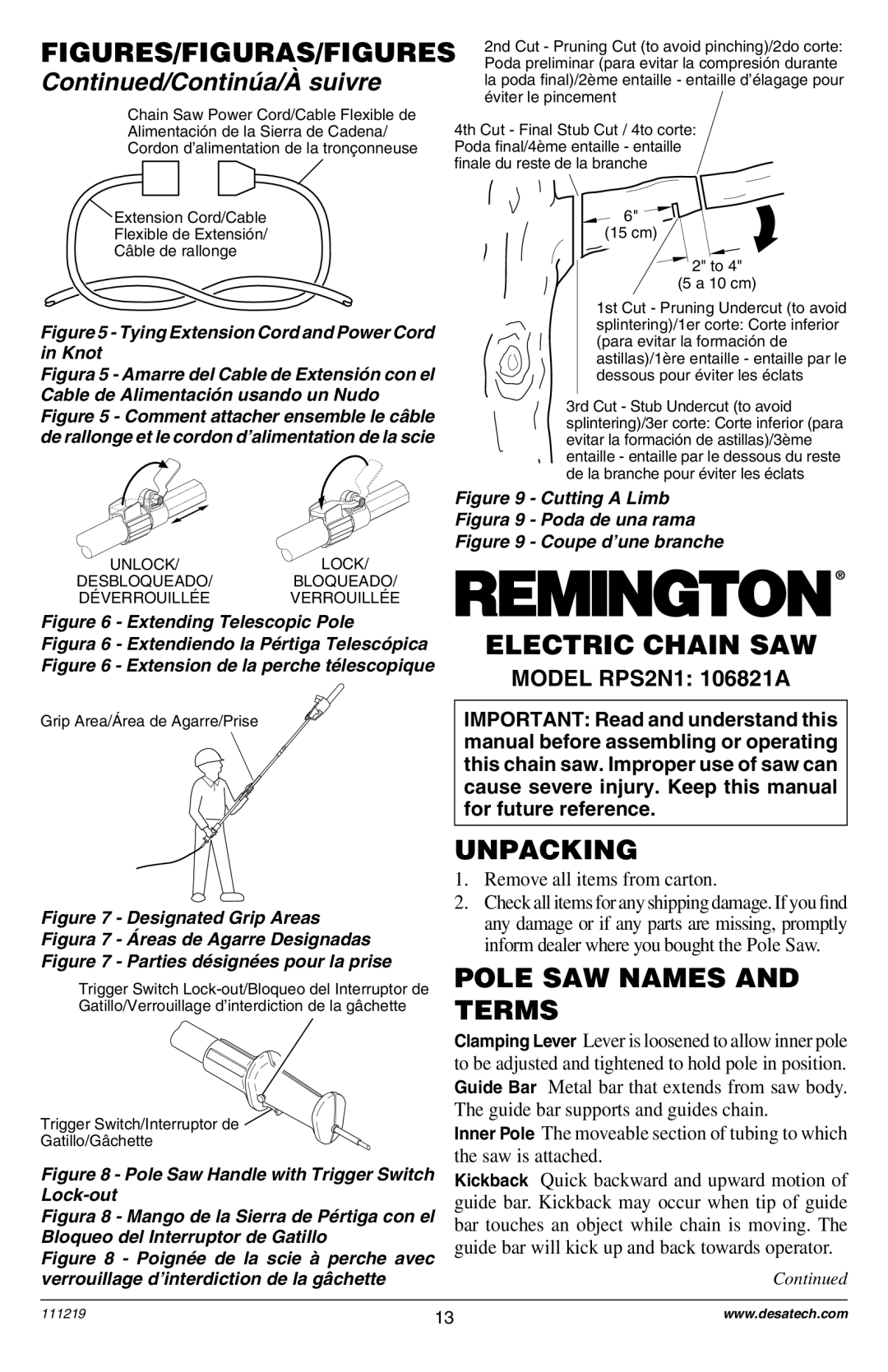 Remington RPS2N1: 106821A owner manual Electric Chain SAW, Unpacking, Pole SAW Names and Terms, Model RPS2N1 106821A 