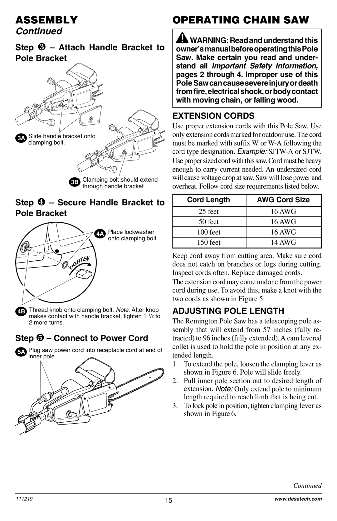 Remington RPS2N1: 106821A owner manual Operating Chain SAW, Extension Cords, Adjusting Pole Length 