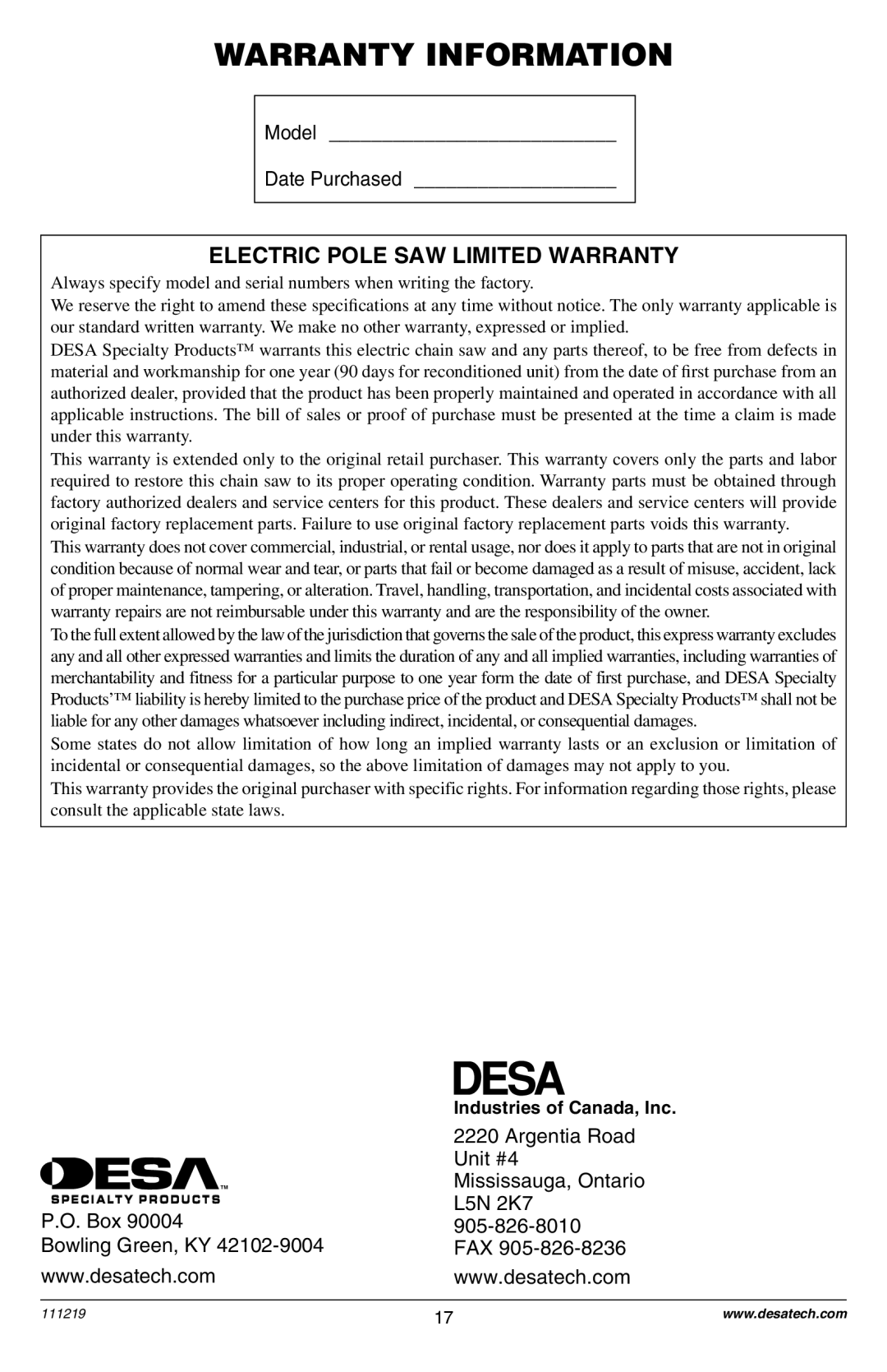 Remington RPS2N1: 106821A owner manual Warranty Information, Electric Pole SAW Limited Warranty 