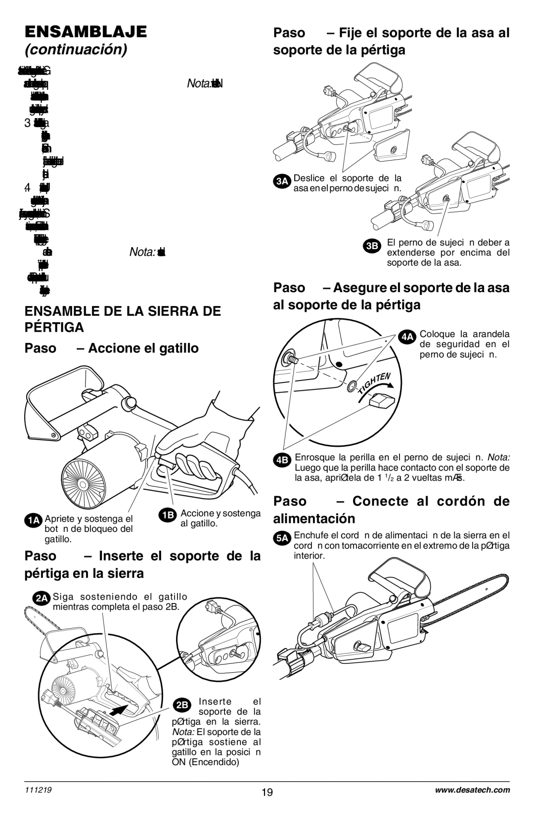 Remington RPS2N1: 106821A owner manual Paso ❷ Ð Inserte el soporte de la pŽrtiga en la sierra 