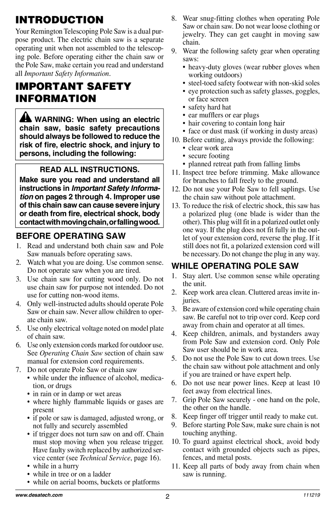 Remington RPS2N1: 106821A Introduction, Important Safety Information, Before Operating SAW, While Operating Pole SAW 