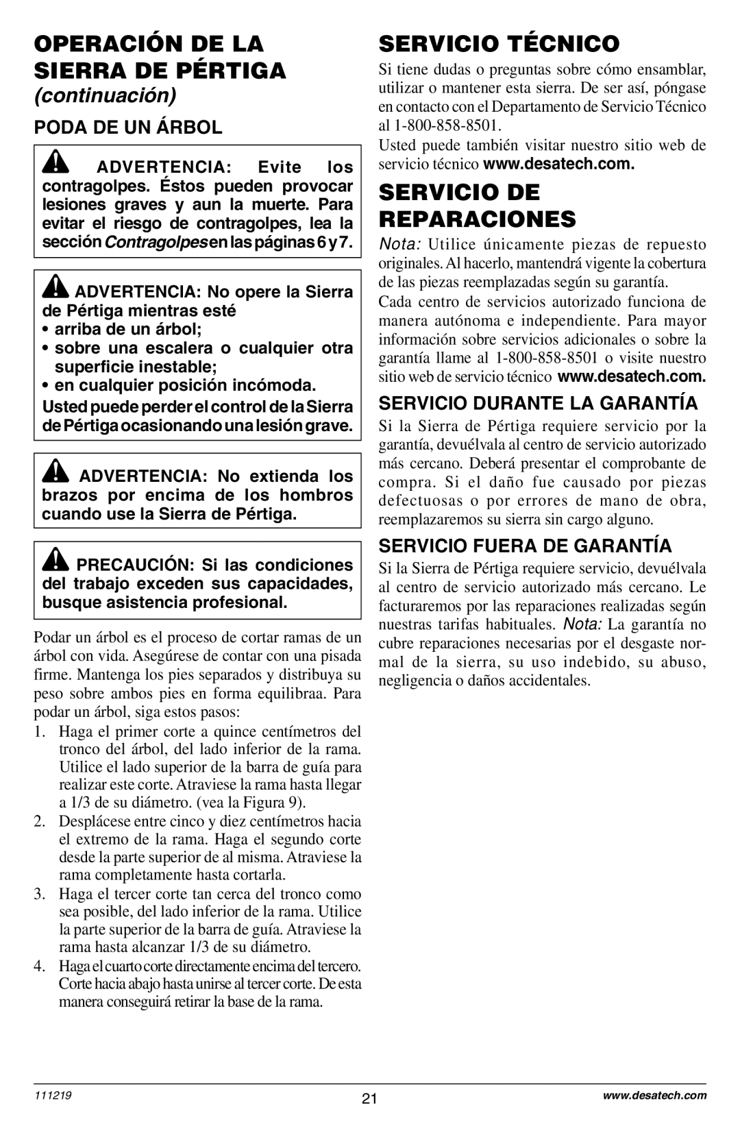 Remington RPS2N1: 106821A Servicio TƒCNICO, Servicio DE Reparaciones, Poda DE UN çRBOL, Servicio Durante LA GARANTêA 